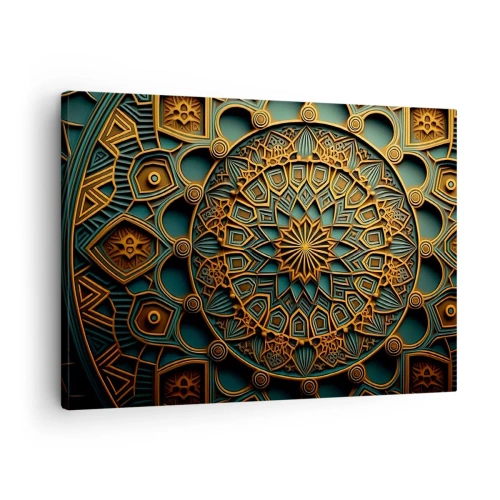 Cuadro sobre lienzo - Impresión de Imagen - Un mandala dorado sobre un fondo turquesa con ricos detalles. - 70x50cm - En un clima árabe - Decoración de pared moderna para salón y dormitorio ARTTOR