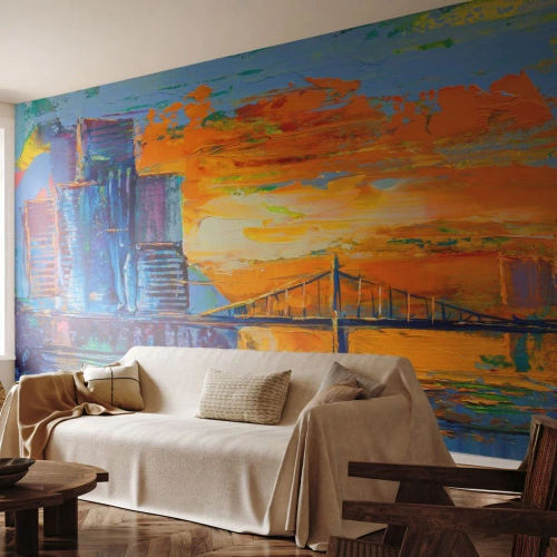Fotomural Premium Sand - Panorama abstracto de la ciudad en colores intensos - 100x70cm - Cultura y naturaleza - Decoración de pared moderna para salón y dormitorio ARTTOR