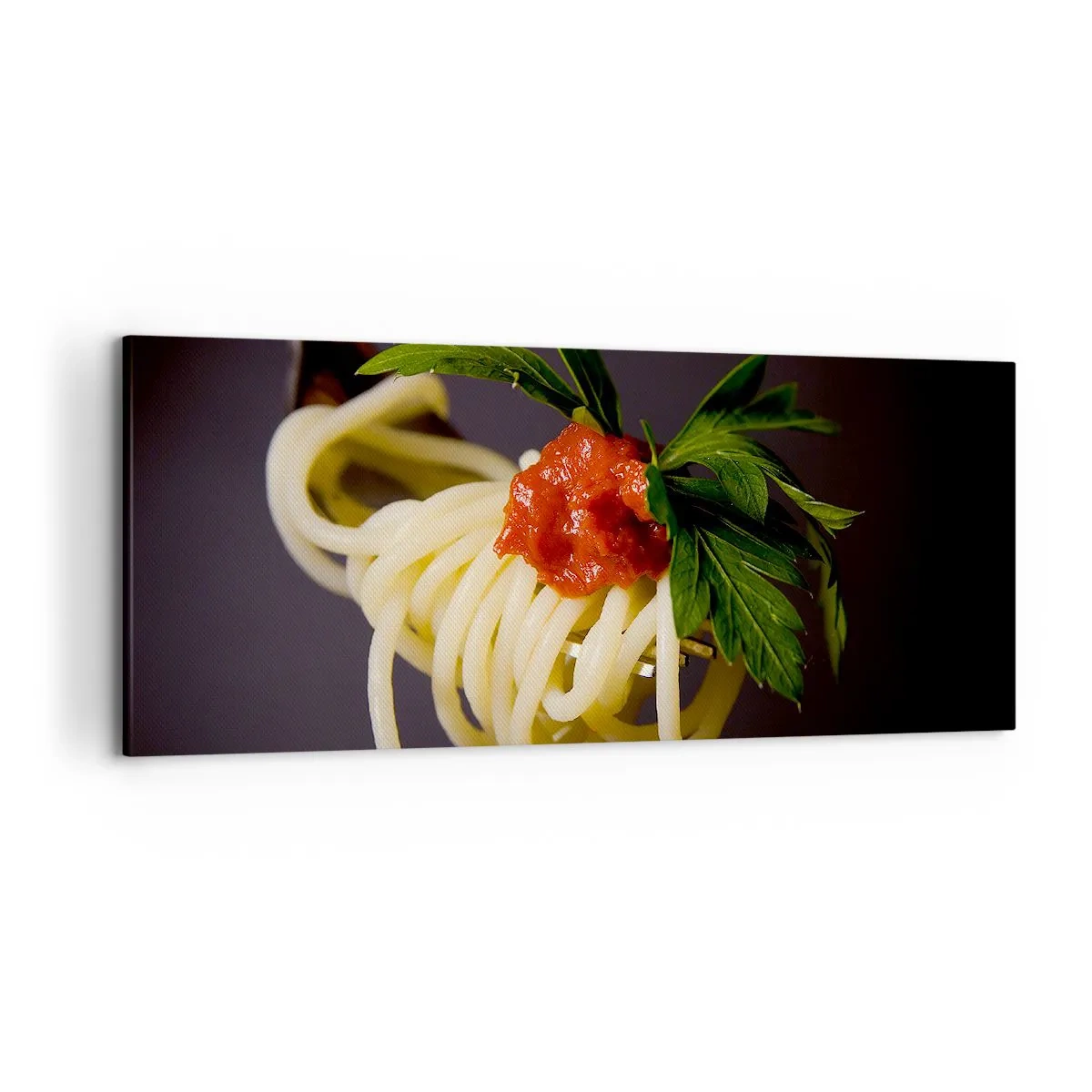 Cuadro sobre lienzo - Impresión de Imagen - Pasta espaguetis al tenedor con salsa de tomate y perejil - 120x50cm - Un sabroso bocado - Decoración de pared moderna para salón y dormitorio ARTTOR