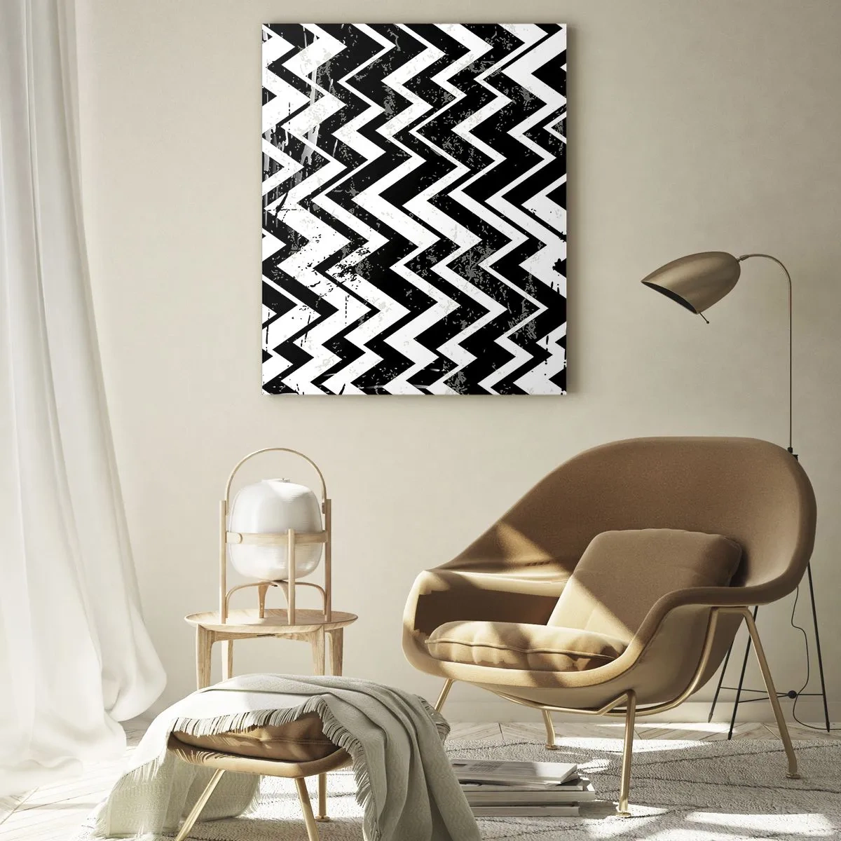 Cuadro sobre vidrio - Impresiones sobre Vidrio - Un patrón en zigzag en blanco y negro con una composición y textura dinámicas. - 50x70cm - Zig-blanco, zag-negro - Decoración de pared moderna para salón y dormitorio ARTTOR