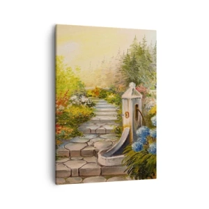 Cuadro sobre lienzo - Impresión de Imagen - Un pintoresco jardín con una fuente y flores de colores. - 50x70cm - En plena floración - Decoración de pared moderna para salón y dormitorio ARTTOR