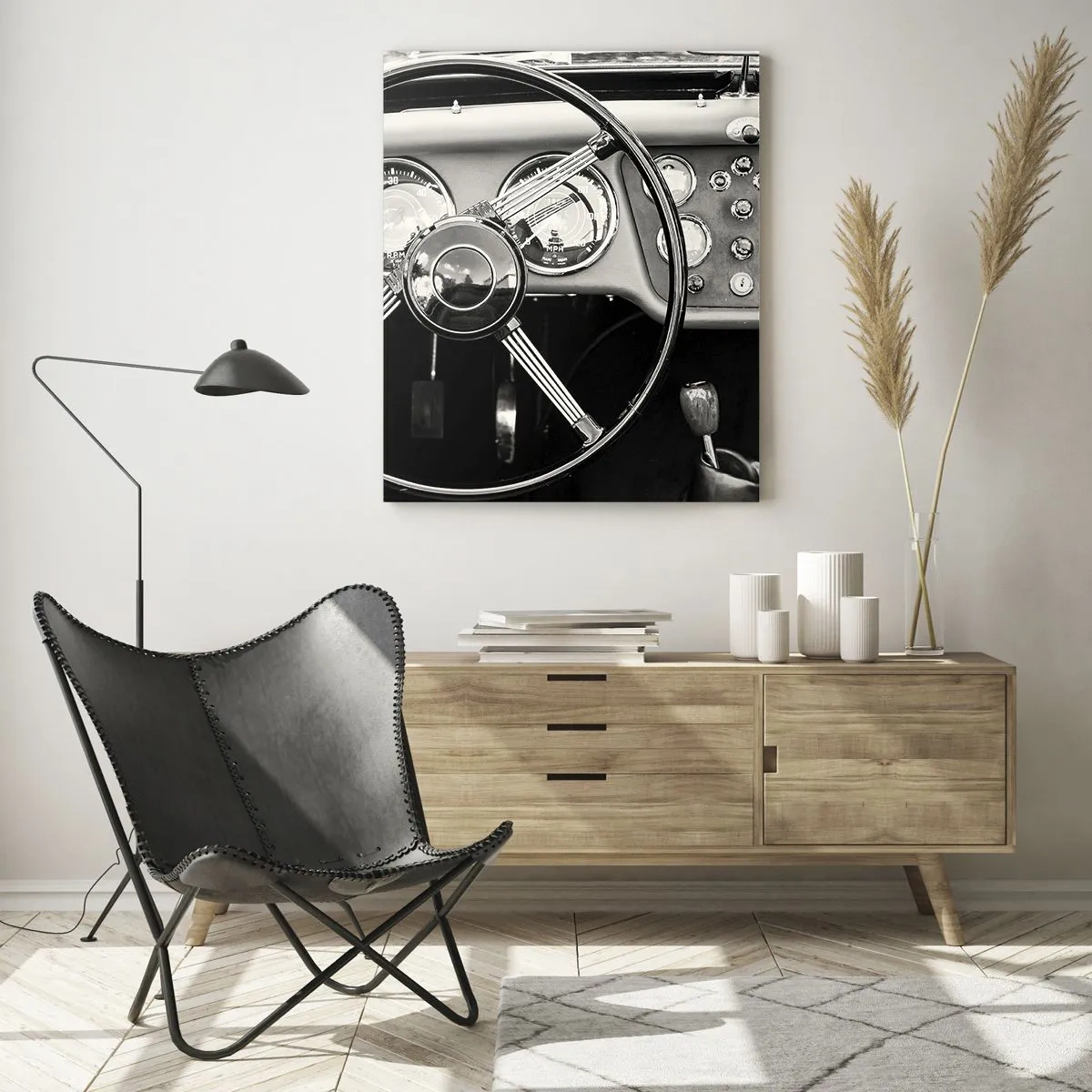 Cuadro sobre vidrio - Impresiones sobre Vidrio - El volante y los relojes de un coche clásico en sepia - 50x70cm - El sueño de un coleccionista - Decoración de pared moderna para salón y dormitorio ARTTOR