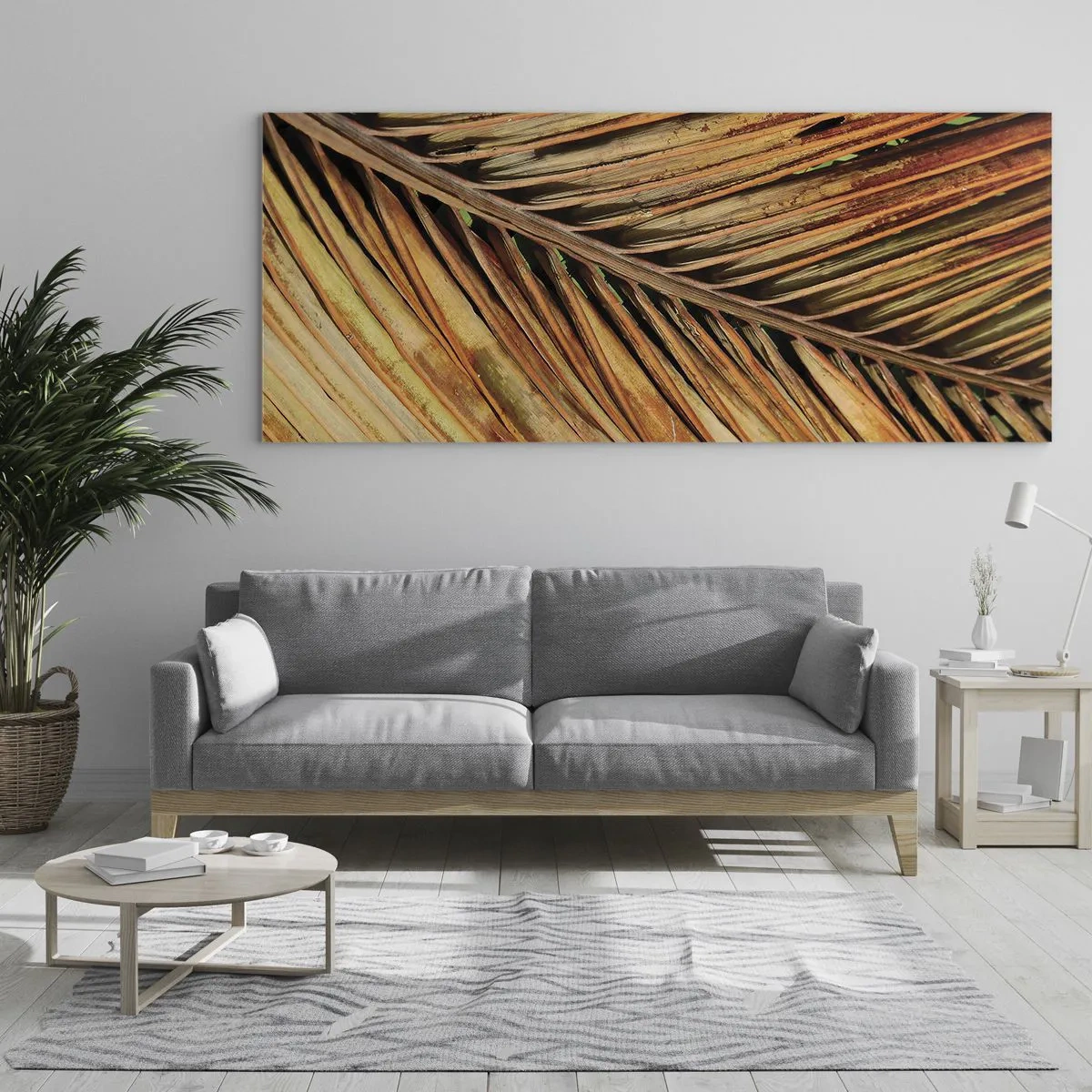 Cuadro sobre vidrio - Impresiones sobre Vidrio - Primer plano de una hoja de palma seca en tonos cálidos. - 160x50cm - Oro de coco - Decoración de pared moderna para salón y dormitorio ARTTOR