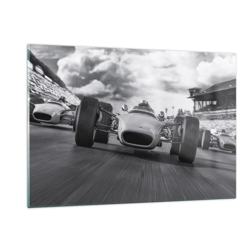 Cuadro sobre vidrio - Impresiones sobre Vidrio - Carrera de coches clásicos en una pista en blanco y negro - 120x80cm - ¡Hay poder! - Decoración de pared moderna para salón y dormitorio ARTTOR