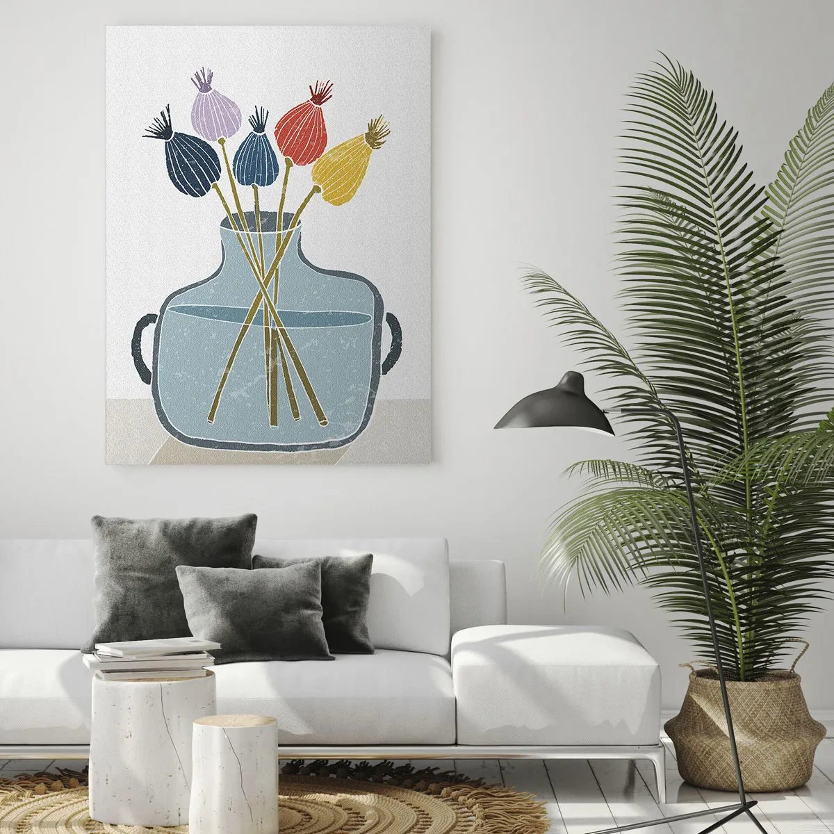Cuadro sobre vidrio - Impresiones sobre Vidrio - Cabezas de amapola decorativas en una jarra de estilo gráfico. - 50x70cm - Como una semilla de amapola - Decoración de pared moderna para salón y dormitorio ARTTOR