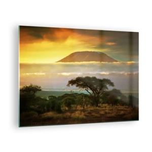 Cuadro sobre vidrio - Impresiones sobre Vidrio - El monte Kilimanjaro rodeado de nubes con el telón de fondo de la sabana africana - 70x50cm - El sueño del viajero - Decoración de pared moderna para salón y dormitorio ARTTOR