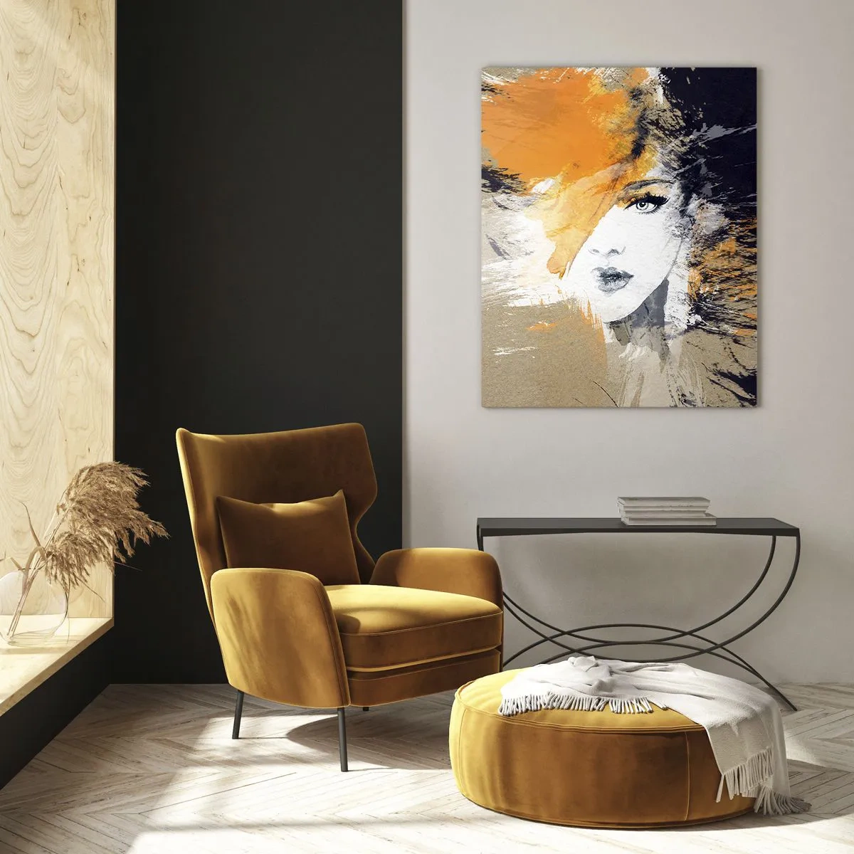 Cuadro sobre vidrio - Impresiones sobre Vidrio - Retrato abstracto de una mujer con acentos naranjas. - 50x70cm - Y se convierte en luz - Decoración de pared moderna para salón y dormitorio ARTTOR