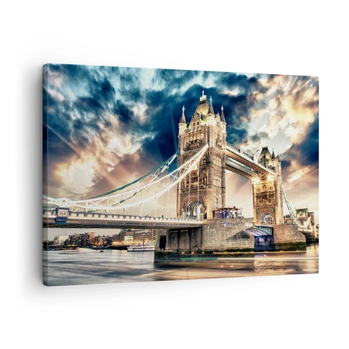 Cuadro sobre lienzo - Impresión de Imagen - El Tower Bridge al anochecer contra un cielo dinámico - 70x50cm - Un monumento a un imperio victoriano - Decoración de pared moderna para salón y dormitorio ARTTOR