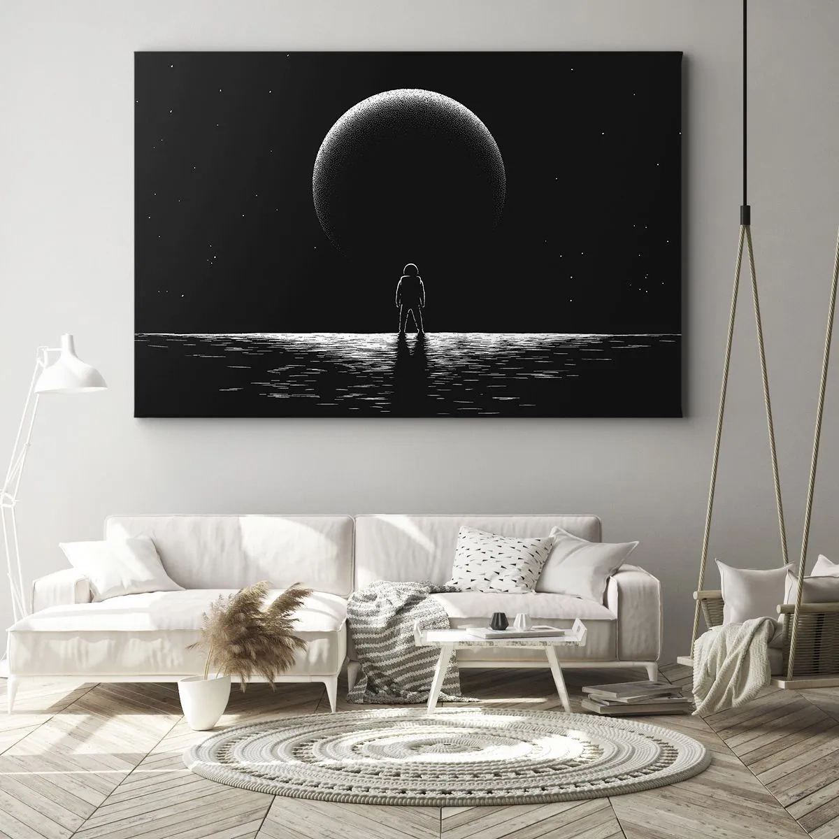 Cuadro sobre lienzo - Impresión de Imagen - Un astronauta con el telón de fondo de un gran planeta en el espacio exterior. - 70x50cm - Cara a cara - Decoración de pared moderna para salón y dormitorio ARTTOR