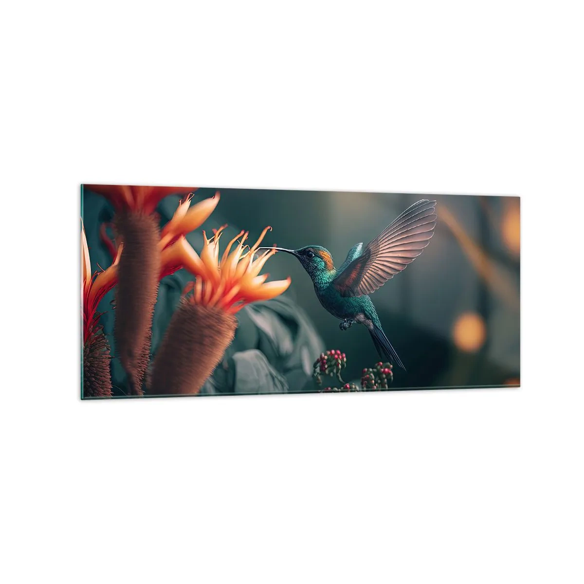 Cuadro sobre vidrio - Impresiones sobre Vidrio - Un colibrí colorido junto a las flores contra un fondo natural. - 120x50cm - Una vida verdaderamente colorida - Decoración de pared moderna para salón y dormitorio ARTTOR