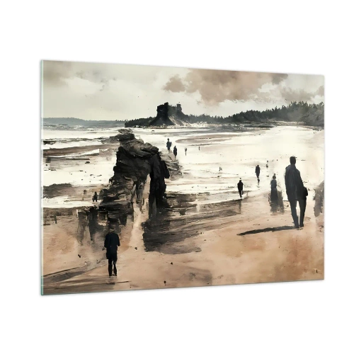 Cuadro sobre vidrio - Impresiones sobre Vidrio - Siluetas caminando por una amplia playa bajo un cielo nublado - 100x70cm - Un sueño evocado - Decoración de pared moderna para salón y dormitorio ARTTOR