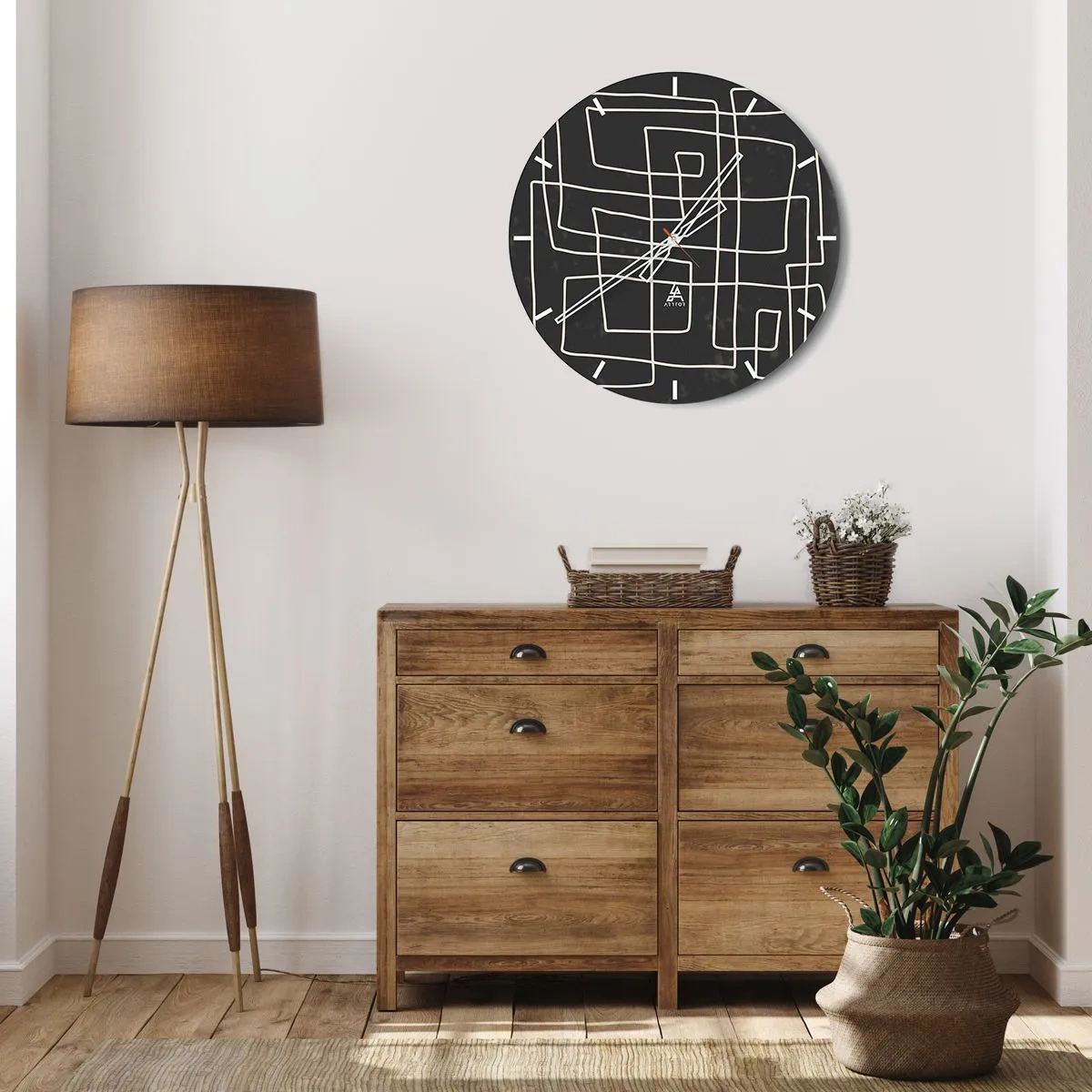 Reloj de pared - Reloj de vidrio - Líneas geométricas blancas que forman una intrincada cuadrícula sobre un fondo negro. - 30x30cm - No es tan sencillo - Decoración de pared moderna para salón, cocina y dormitorio ARTTOR