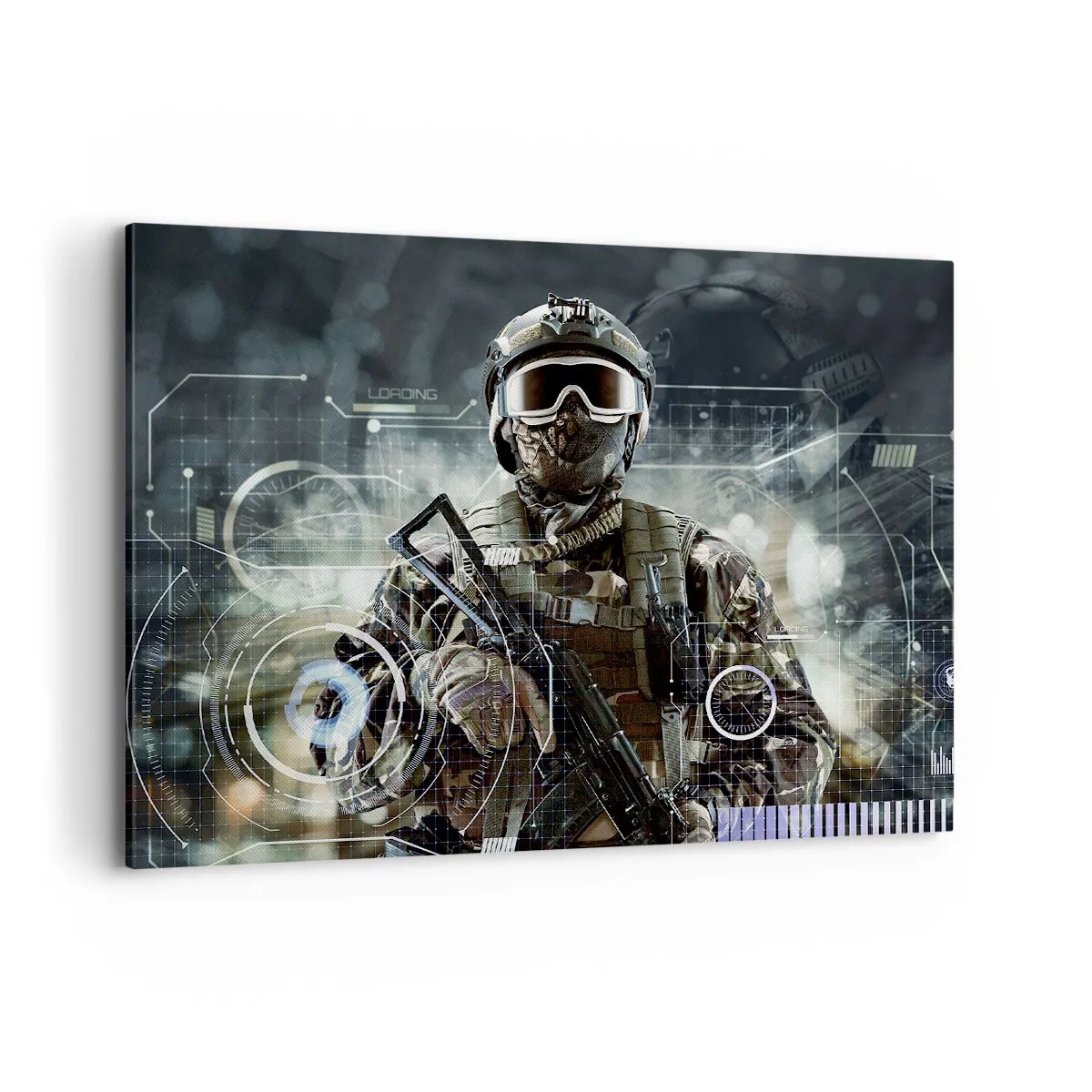 Cuadro sobre lienzo - Impresión de Imagen - Un soldado con un casco futurista y una pistola en un fondo de tecnología. - 100x70cm - De poder a poder - Decoración de pared moderna para salón y dormitorio ARTTOR