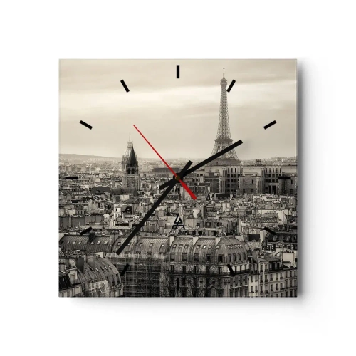 Reloj de pared - Reloj de vidrio - Panorama de París con la Torre Eiffel en tonos sepia - 30x30cm - Sobre los tejados de París - Decoración de pared moderna para salón y dormitorio ARTTOR