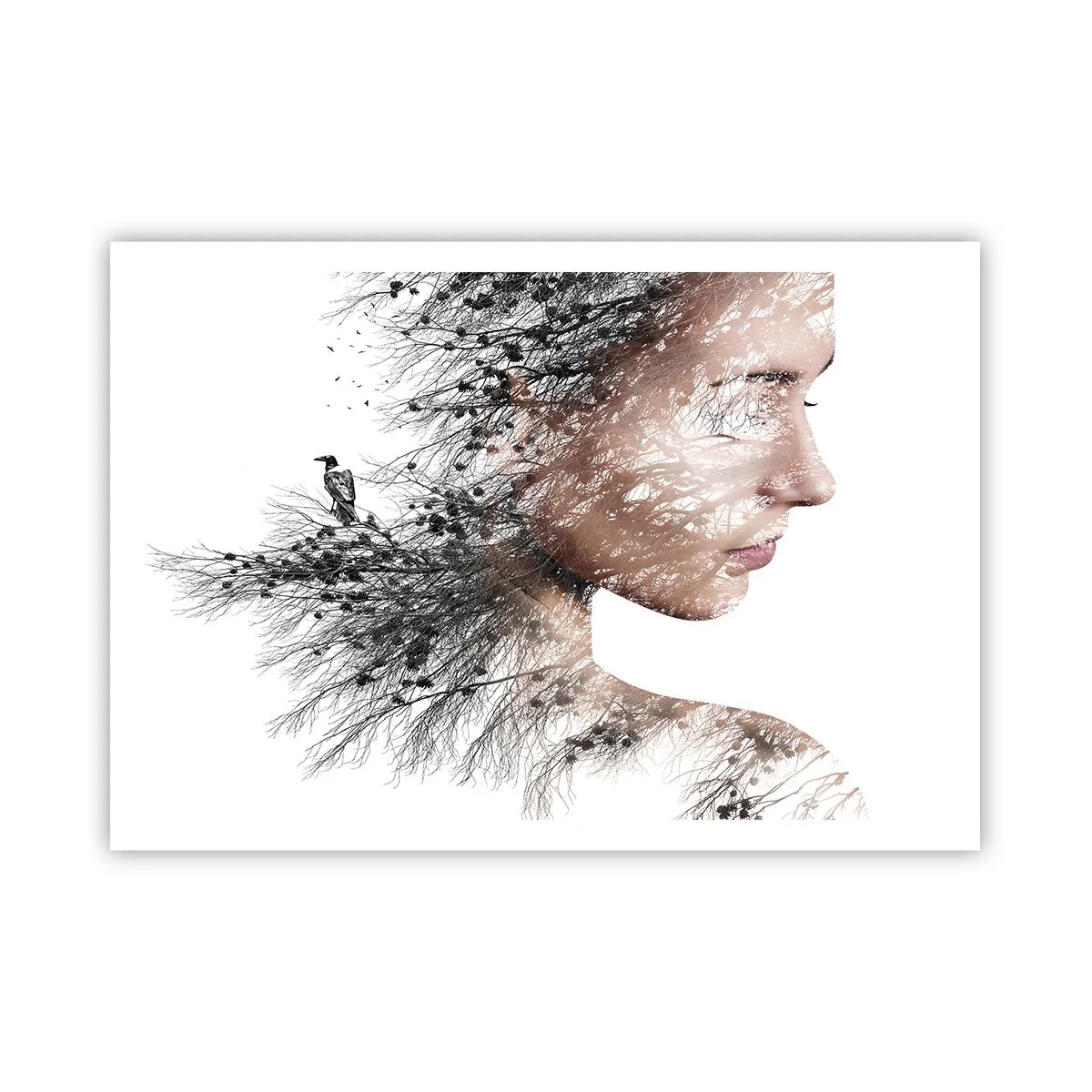 Póster - Silueta de una mujer con una rama y un motivo de pájaro en el fondo. - 100x70cm - Espíritu del bosque - Decoración de pared moderna para salón y dormitorio ARTTOR