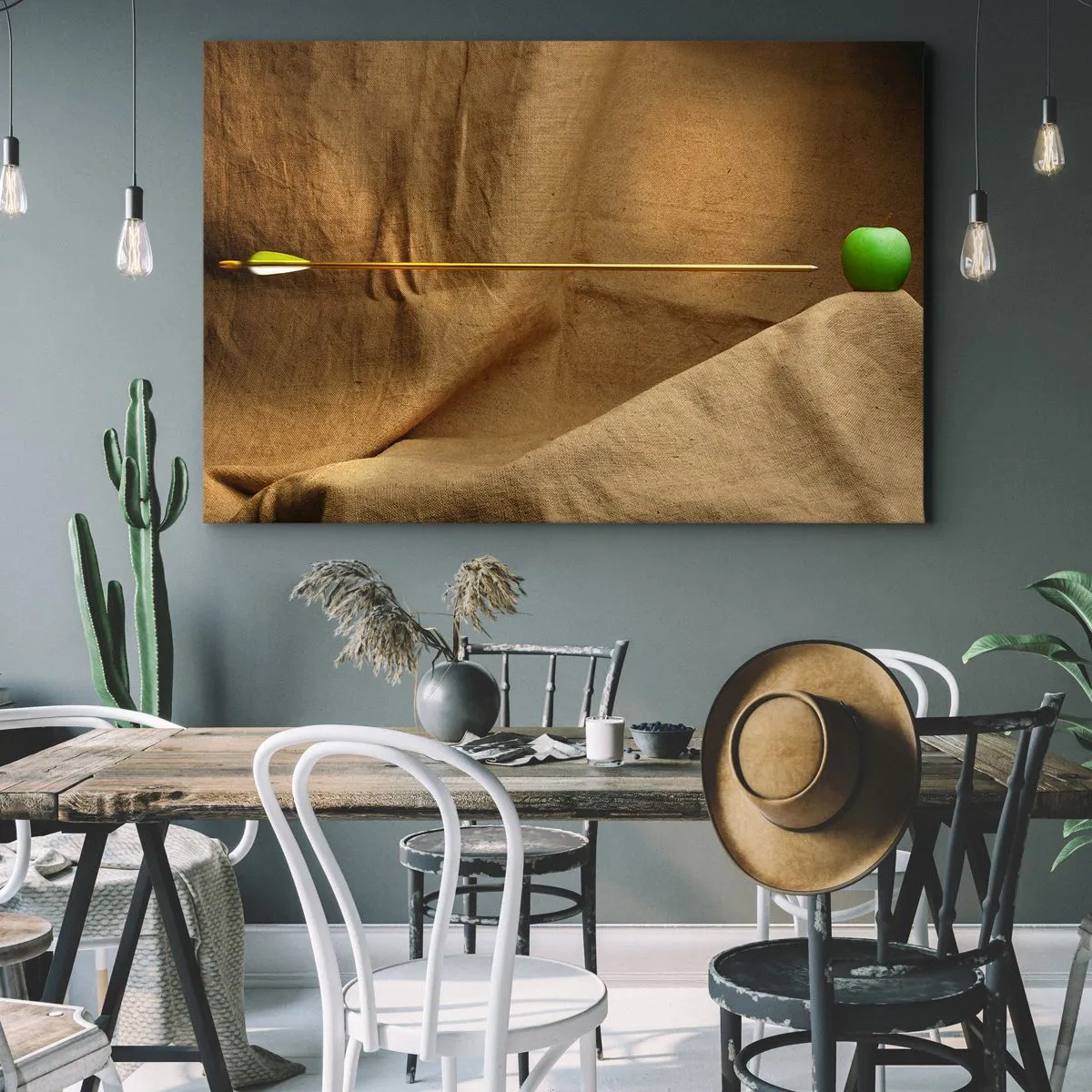 Cuadro sobre lienzo - Impresión de Imagen - Manzana verde sobre tela con una flecha creando una composición - 120x80cm - Evocar el espíritu de Wilhelm Tell - Decoración de pared moderna para salón y dormitorio ARTTOR