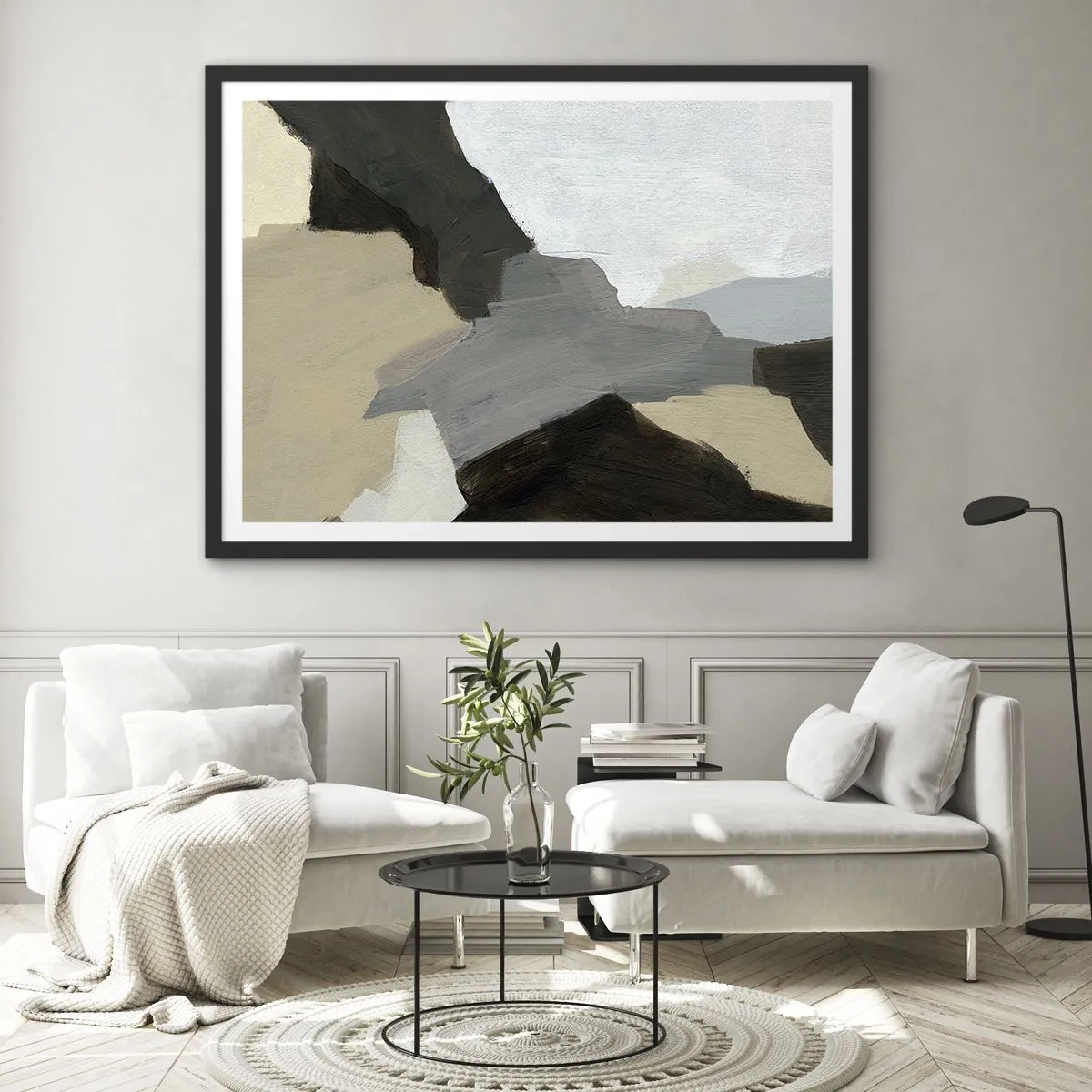 Póster en marco negro - Formas abstractas en tonos beige, marrón y gris. - 100x70cm - Abstracción: partes del gris - Decoración de pared moderna para salón y dormitorio ARTTOR