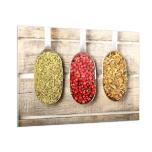 Cuadro sobre vidrio - Impresiones sobre Vidrio - Tres cucharas con especias sobre un fondo de madera rústica. - 100x70cm - La magia de la cocina - Decoración de pared moderna para salón y dormitorio ARTTOR