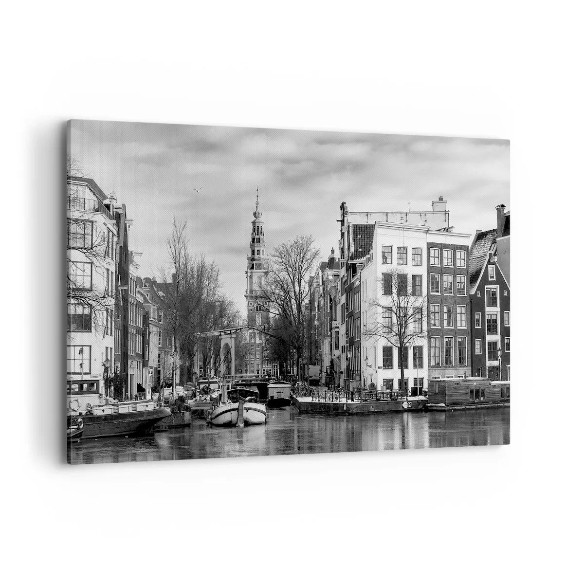 Cuadro sobre lienzo - Impresión de Imagen - Panorama en blanco y negro de Ámsterdam con canal y edificios históricos - 120x80cm - Ambiente de Ámsterdam - Decoración de pared moderna para salón y dormitorio ARTTOR