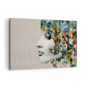 Cuadro sobre lienzo - Impresión de Imagen - Perfil de una mujer en colores de acuarela con un fondo abstracto - 100x70cm - Salió del gris - Decoración de pared moderna para salón y dormitorio ARTTOR