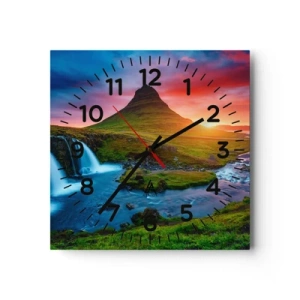 Reloj de pared - Reloj de vidrio - Islandia - fuego y agua - 40x40 cm