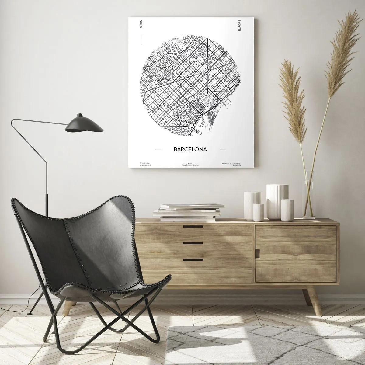 Cuadro sobre vidrio - Impresiones sobre Vidrio - Un mapa de Barcelona en estilo minimalista en blanco y negro - 70x100cm - Anatomía de Barcelona - Decoración de pared moderna para salón y dormitorio ARTTOR