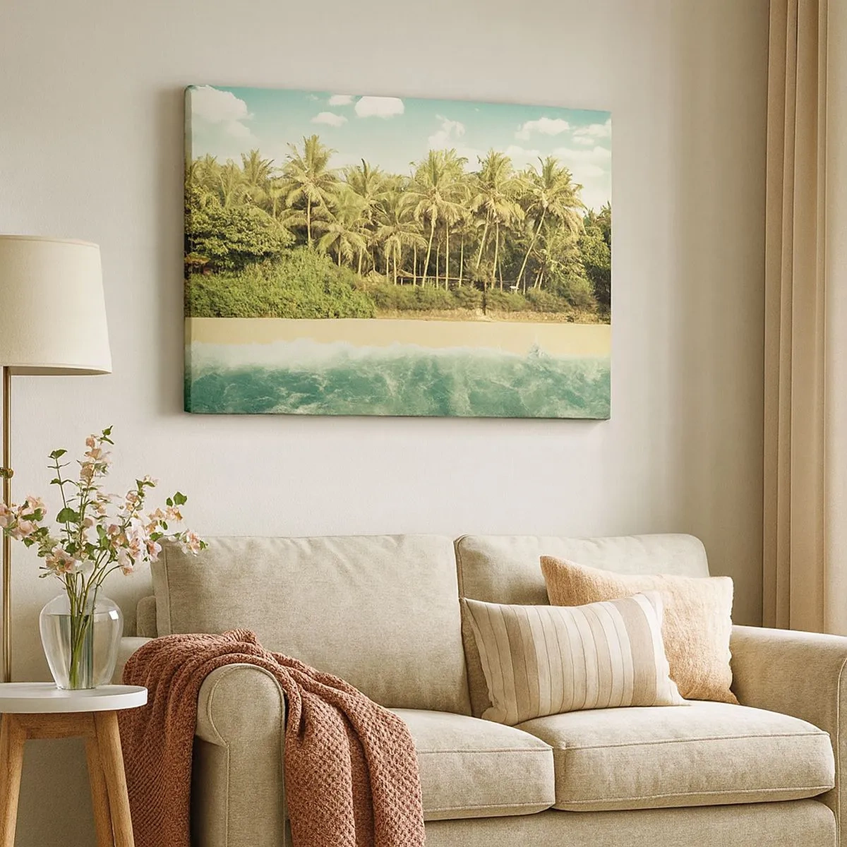 Cuadro sobre lienzo - Impresión de Imagen - Playa tropical con palmeras y mar turquesa. - 70x50cm - ¿Qué tal aquí? - Decoración de pared moderna para salón y dormitorio ARTTOR