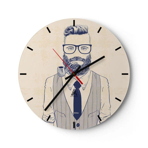 Reloj de pared - Reloj de vidrio - Imagen hipster de un hombre barbudo con una pipa - 30x30cm - Alegre, masculino y a la moda - Decoración de pared moderna para salón, cocina y dormitorio ARTTOR