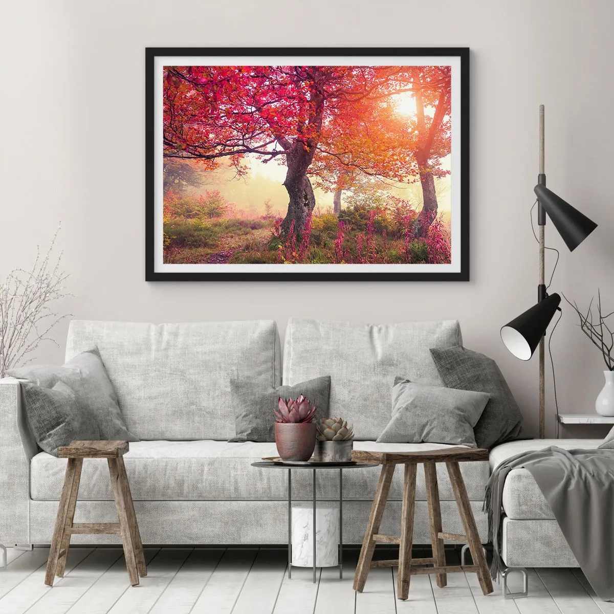 Póster en marco negro - Paisaje otoñal con árboles de colores intensos. - 100x70cm - Un frenesí de floración - Decoración de pared moderna para salón y dormitorio ARTTOR