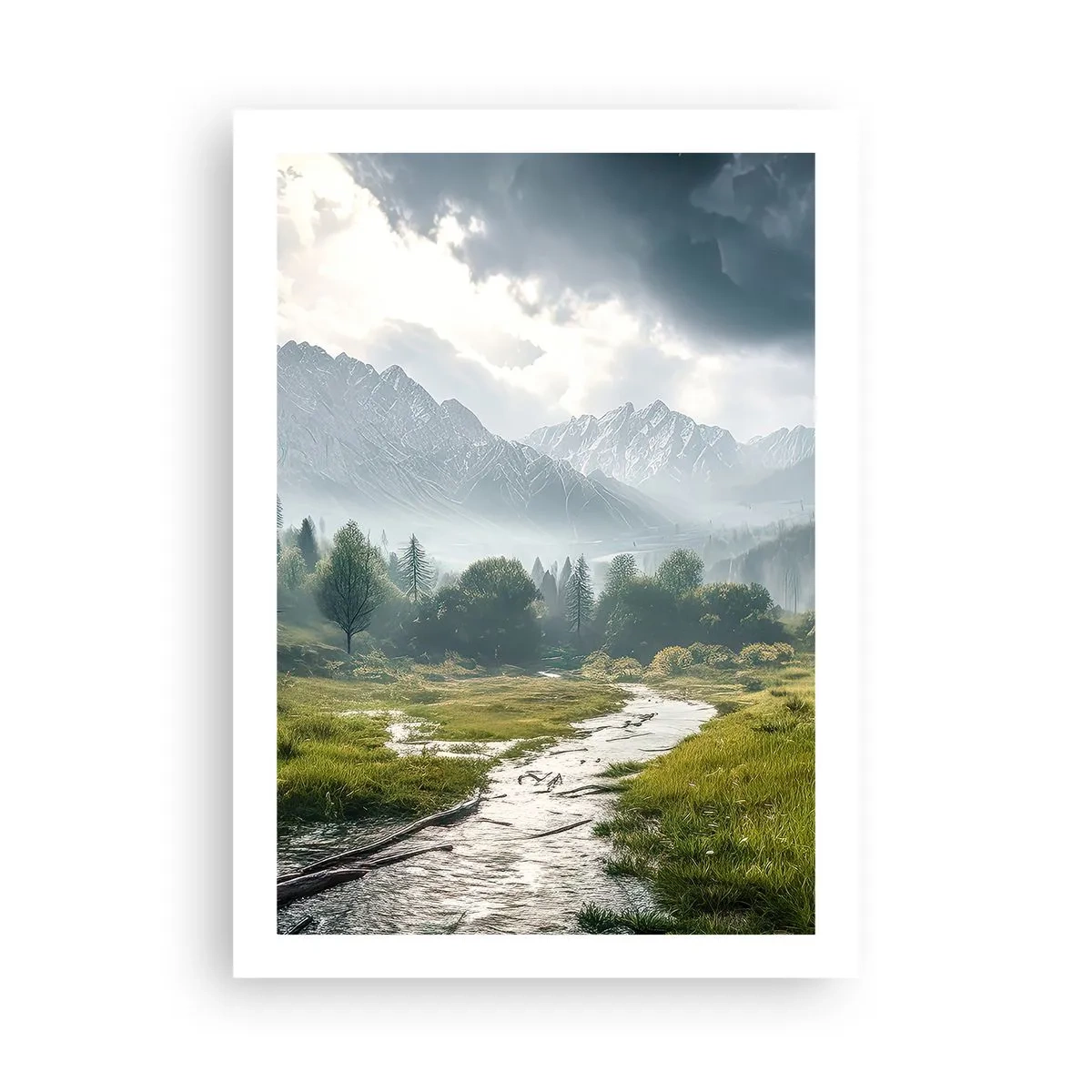 Póster - Un valle montañoso con un río y majestuosas montañas al fondo. - 50x70cm - De ida y vuelta - Decoración de pared moderna para salón y dormitorio ARTTOR