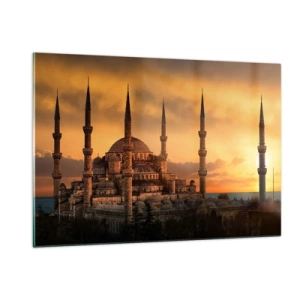 Cuadro sobre vidrio - Impresiones sobre Vidrio - La Mezquita Azul con el atardecer como telón de fondo - 120x80cm - Dios es grande - Decoración de pared moderna para salón y dormitorio ARTTOR