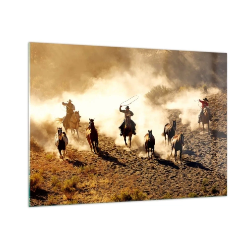 Cuadro sobre vidrio - Impresiones sobre Vidrio - Vaqueros a caballo en el polvo en un rodeo - 100x70cm - El salvaje oeste - Decoración de pared moderna para salón y dormitorio ARTTOR