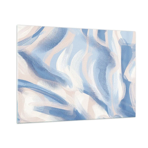 Cuadro sobre vidrio - Impresiones sobre Vidrio - Trazos abstractos en azul, blanco y beige en forma ondulada. - 100x70cm - Ondas azules - Decoración de pared moderna para salón y dormitorio ARTTOR