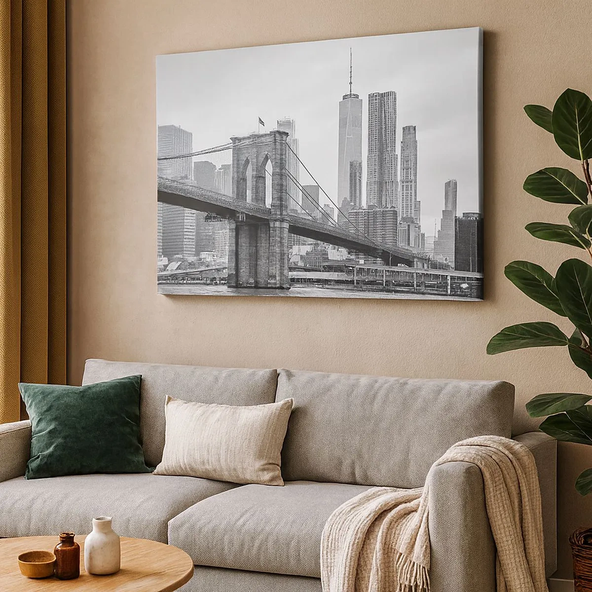 Cuadro sobre lienzo - Impresión de Imagen - Puente de Brooklyn con rascacielos de Nueva York al fondo - 70x50cm - Vibraciones de Nueva York - Decoración de pared moderna para salón y dormitorio ARTTOR