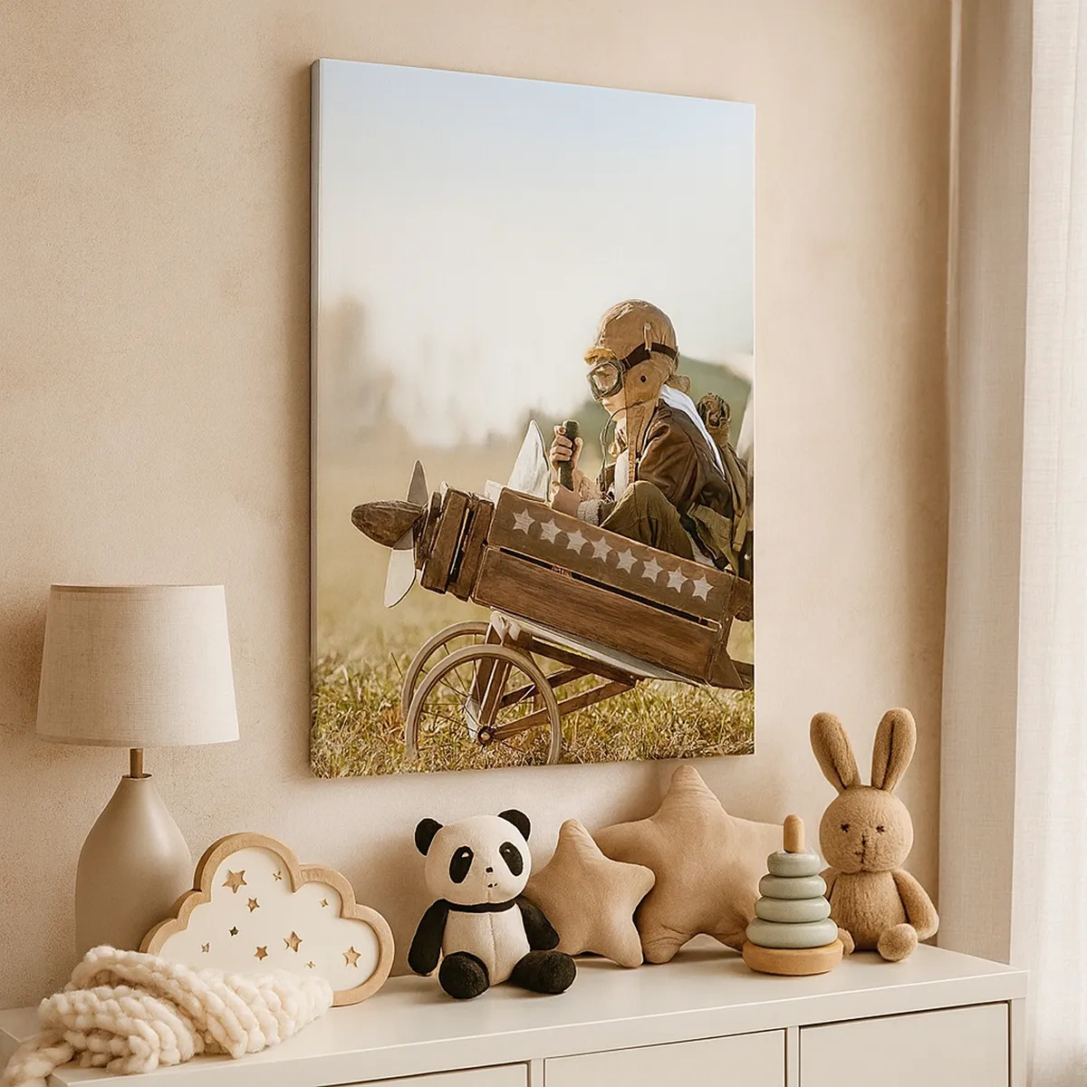 Cuadro sobre lienzo - Impresión de Imagen - Un niño en un avión de juguete con un campo al fondo. - 50x70cm - Despegue hacia un sueño - Decoración de pared moderna para salón y dormitorio ARTTOR