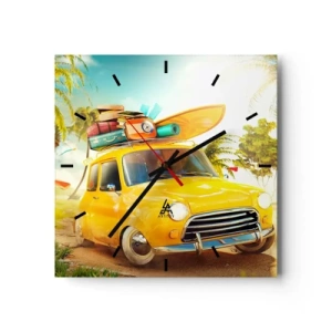 Reloj de pared - Reloj de vidrio - Un coche amarillo con equipaje frente a un paisaje tropical. - 30x30cm - Un viaje para más de una sonrisa - Decoración de pared moderna para salón y dormitorio ARTTOR