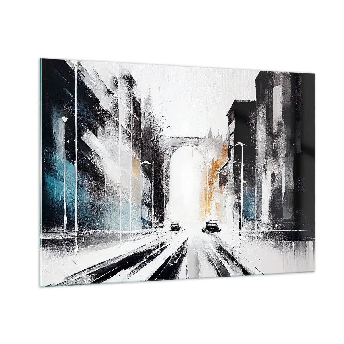 Cuadro sobre vidrio - Impresiones sobre Vidrio - Una calle urbana dinámica con coches y un arco al fondo en estilo pictórico. - 100x70cm - Estudio de la ciudad: arquitectura y movimiento - Decoración de pared moderna para salón y dormitorio ARTTOR