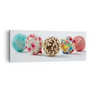 Cuadro sobre lienzo - Impresión de Imagen - Bombones coloridos con decoraciones sobre un fondo blanco. - 140x50cm - La vida puede ser dulce - Decoración de pared moderna para salón y dormitorio ARTTOR