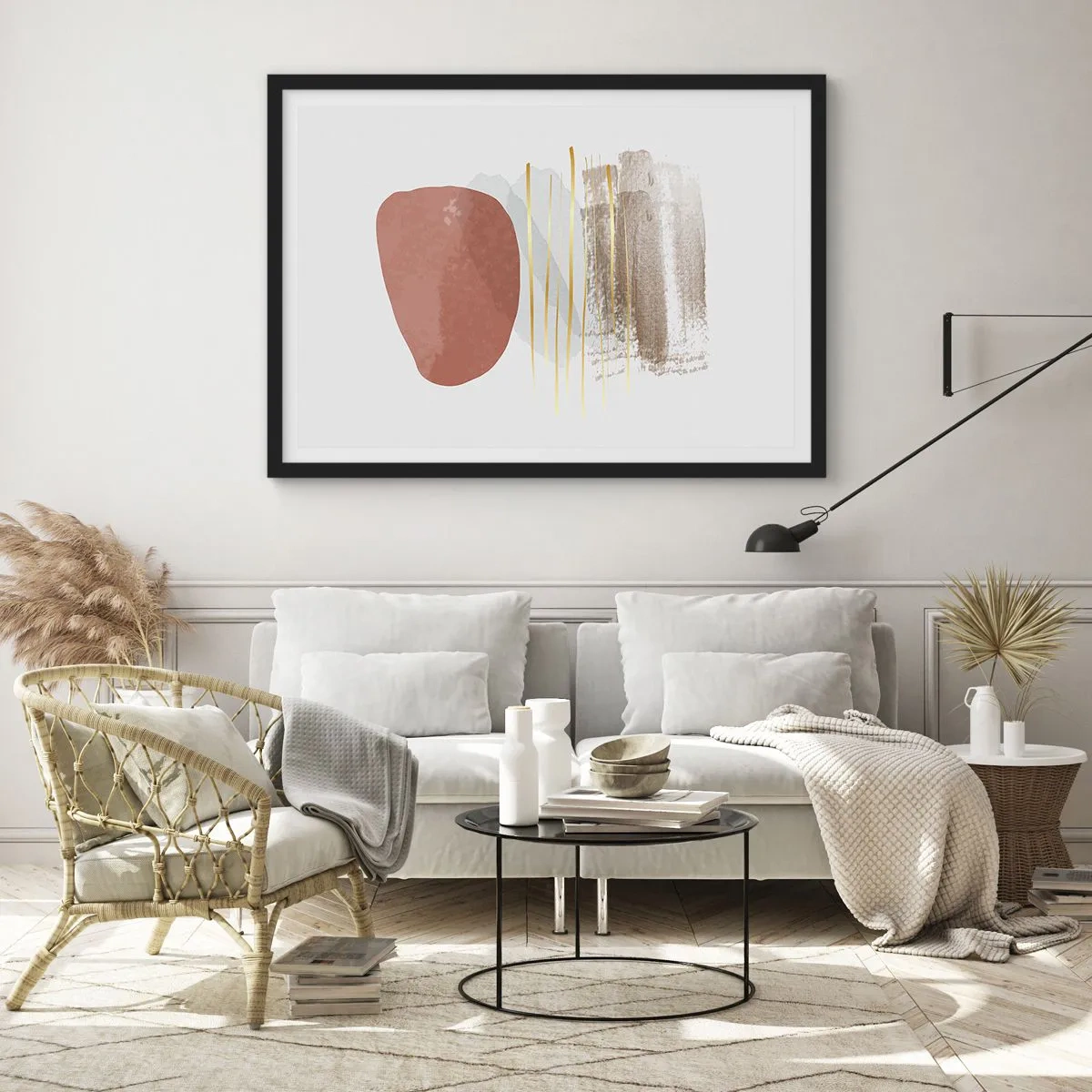 Póster en marco negro - Composición abstracta en tonos beige y dorados. - 70x50cm - Una columnata abstracta - Decoración de pared moderna para salón y dormitorio ARTTOR