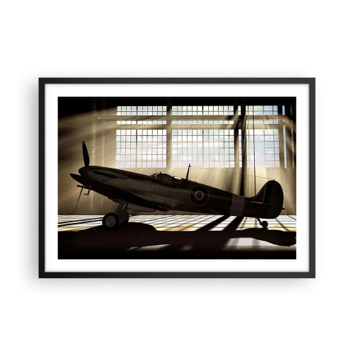Póster en marco negro - Un avión histórico en un hangar iluminado por la luz del sol. - 70x50cm - El descanso del guerrero - Decoración de pared moderna para salón y dormitorio ARTTOR
