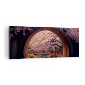 Cuadro sobre lienzo - Impresión de Imagen - Un puente tradicional japonés rodeado de flores de cerezo. - 120x50cm - Primavera japonesa - Decoración de pared moderna para salón y dormitorio ARTTOR