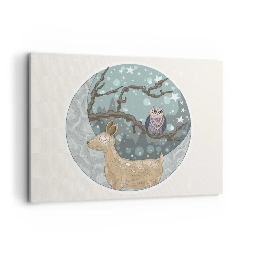 Cuadro sobre lienzo - Impresión de Imagen - Un ciervo y un búho en un paisaje nocturno de cuento de hadas. - 100x70cm - Noche de bosque de cuento de hadas - Decoración de pared moderna para salón y dormitorio ARTTOR