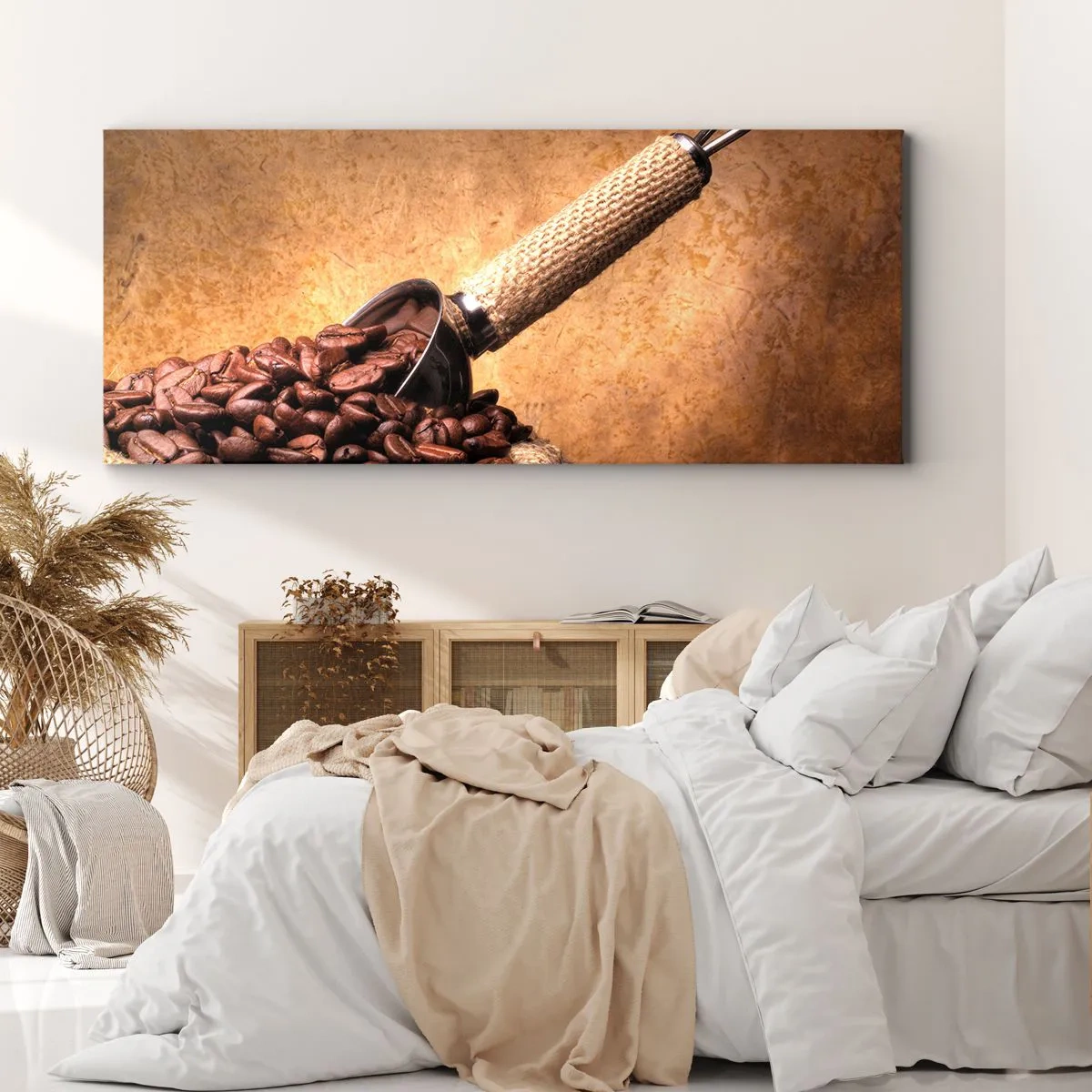 Cuadro sobre lienzo - Impresión de Imagen - Granos de café en una bolsa de yute con una cuchara de metal. - 140x50cm - En la fuente del sabor - Decoración de pared moderna para salón y dormitorio ARTTOR