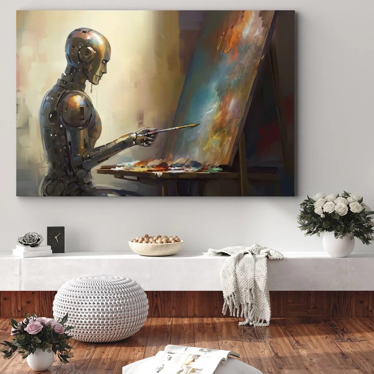 Cuadro sobre lienzo - Impresión de Imagen - Un robot pintando sobre un lienzo con un estilo artístico. - 120x80cm - Arte del futuro - Decoración de pared moderna para salón y dormitorio ARTTOR