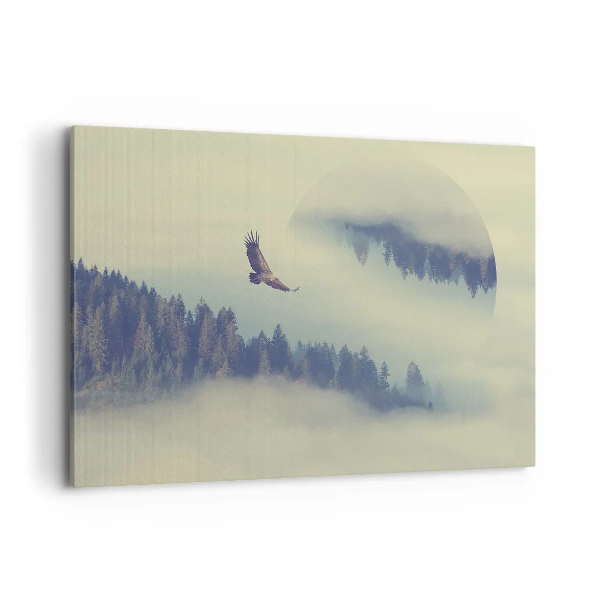Cuadro sobre lienzo - Impresión de Imagen - Un águila en vuelo con un telón de fondo de montañas brumosas con un motivo circular artístico. - 120x80cm - Vi la sombra de un águila - Decoración de pared moderna para salón y dormitorio ARTTOR