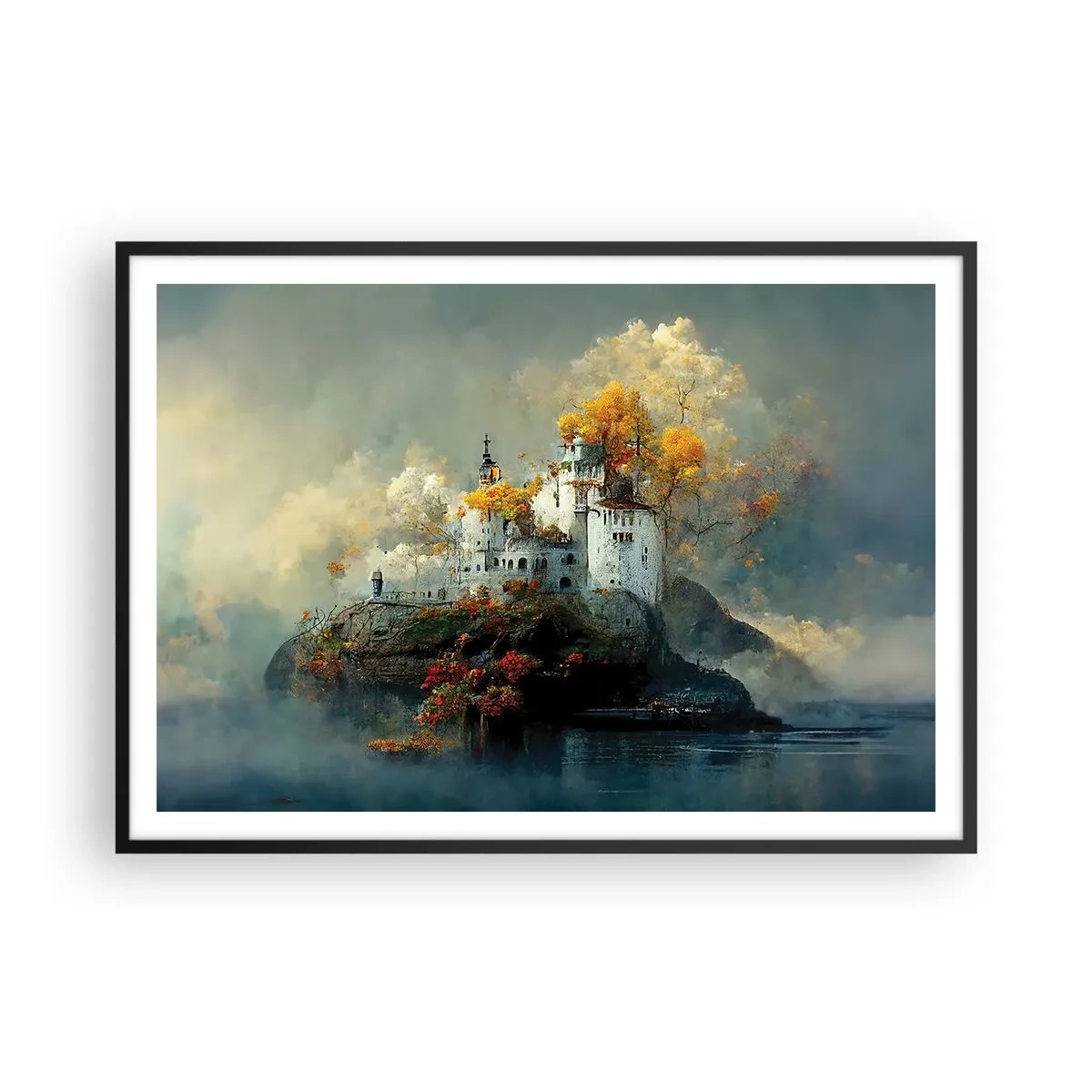 Póster en marco negro - Un castillo en una colina rodeado de árboles otoñales. - 100x70cm - El comienzo de una historia romántica - Decoración de pared moderna para salón y dormitorio ARTTOR