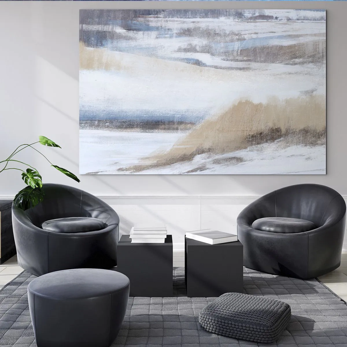 Cuadro sobre vidrio - Impresiones sobre Vidrio - Una delicada abstracción en tonos fríos beige y azul. - 70x50cm - Composición invernal - Decoración de pared moderna para salón y dormitorio ARTTOR
