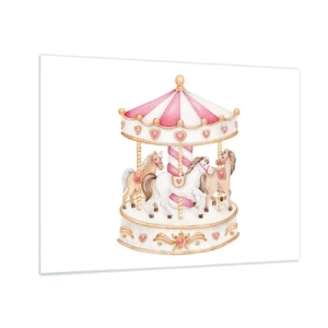 Cuadro sobre vidrio - Impresiones sobre Vidrio - Un carrusel rosa con caballos de estilo infantil sobre un fondo blanco. - 70x50cm - El dulce mundo de la infancia - Decoración de pared moderna para salón y dormitorio ARTTOR