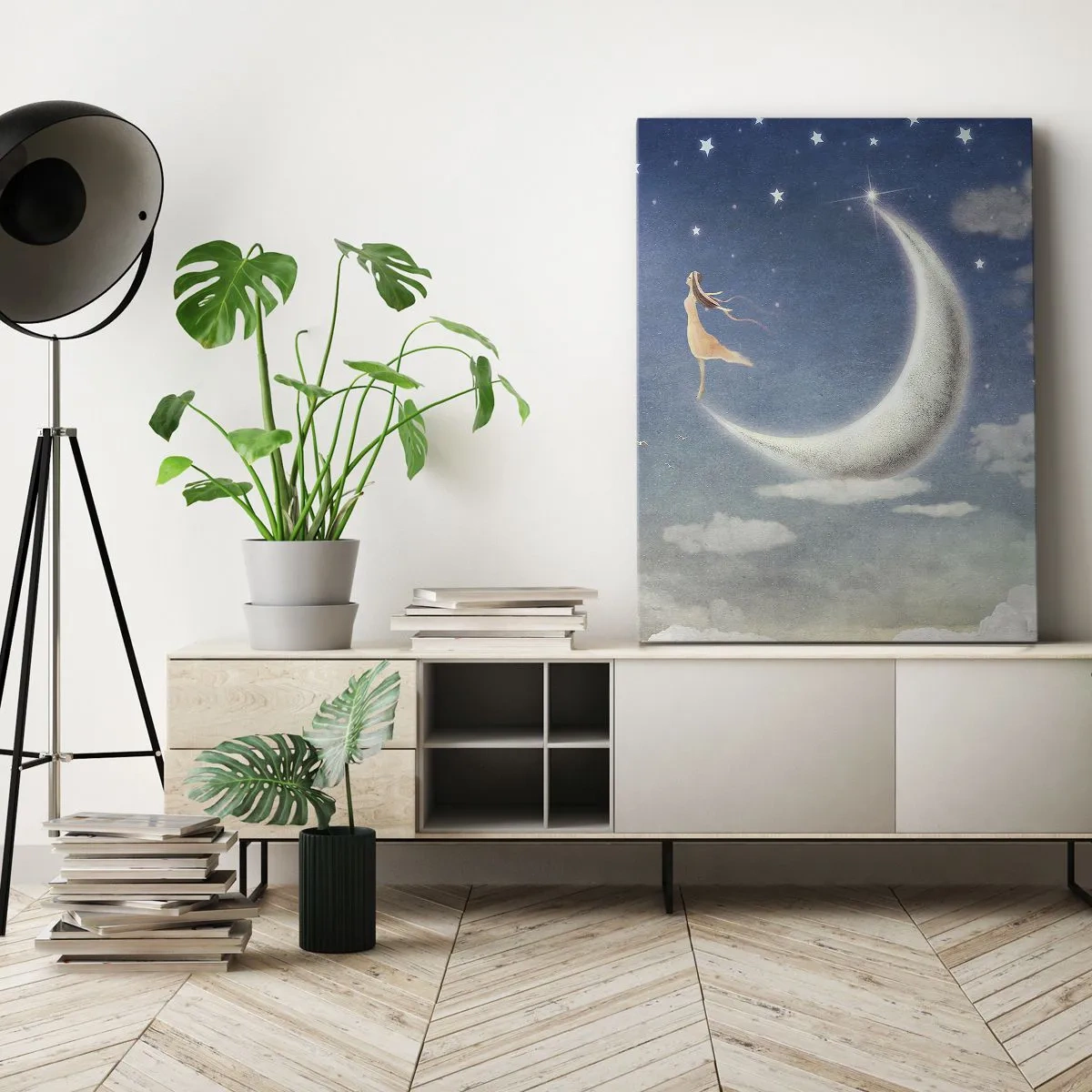 Cuadro sobre lienzo - Impresión de Imagen - Una mujer en la luna rodeada de estrellas y nubes. - 80x120cm - Pretendiente sobre azul - Decoración de pared moderna para salón y dormitorio ARTTOR