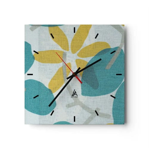 Reloj de pared - Reloj de vidrio - Hojas en tonos turquesa y amarillo sobre un fondo claro. - 30x30cm - Entre hojas azules - Decoración de pared moderna para salón y dormitorio ARTTOR